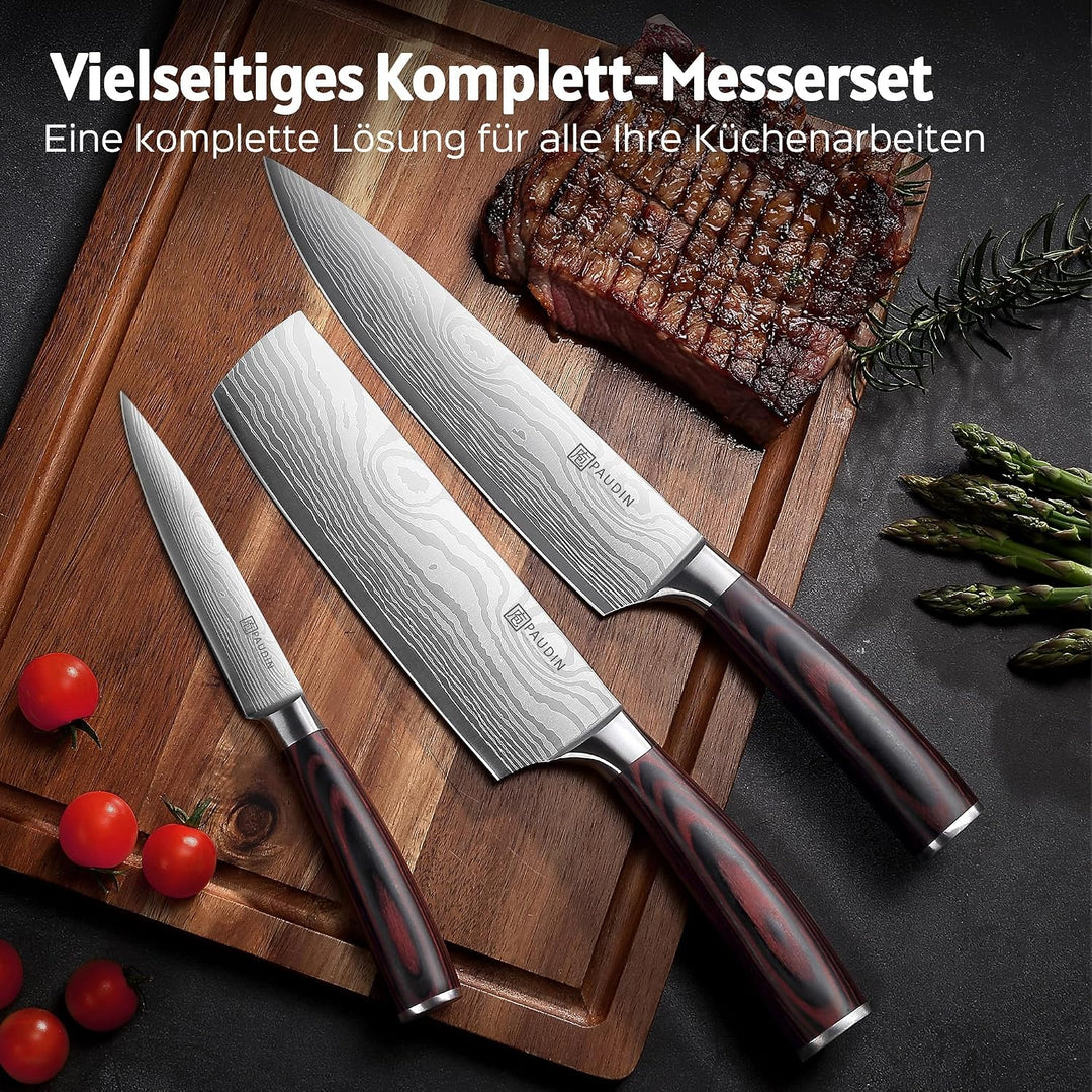 PAUDIN Küchenmesser Set, 3-tlg Messerset aus hochwertigem Carbon Edelstahl, Ultra Scharfes Messer se