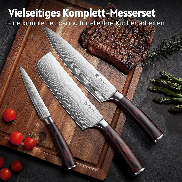 PAUDIN Küchenmesser Set, 3-tlg Messerset aus hochwertigem Carbon Edelstahl, Ultra Scharfes Messer se