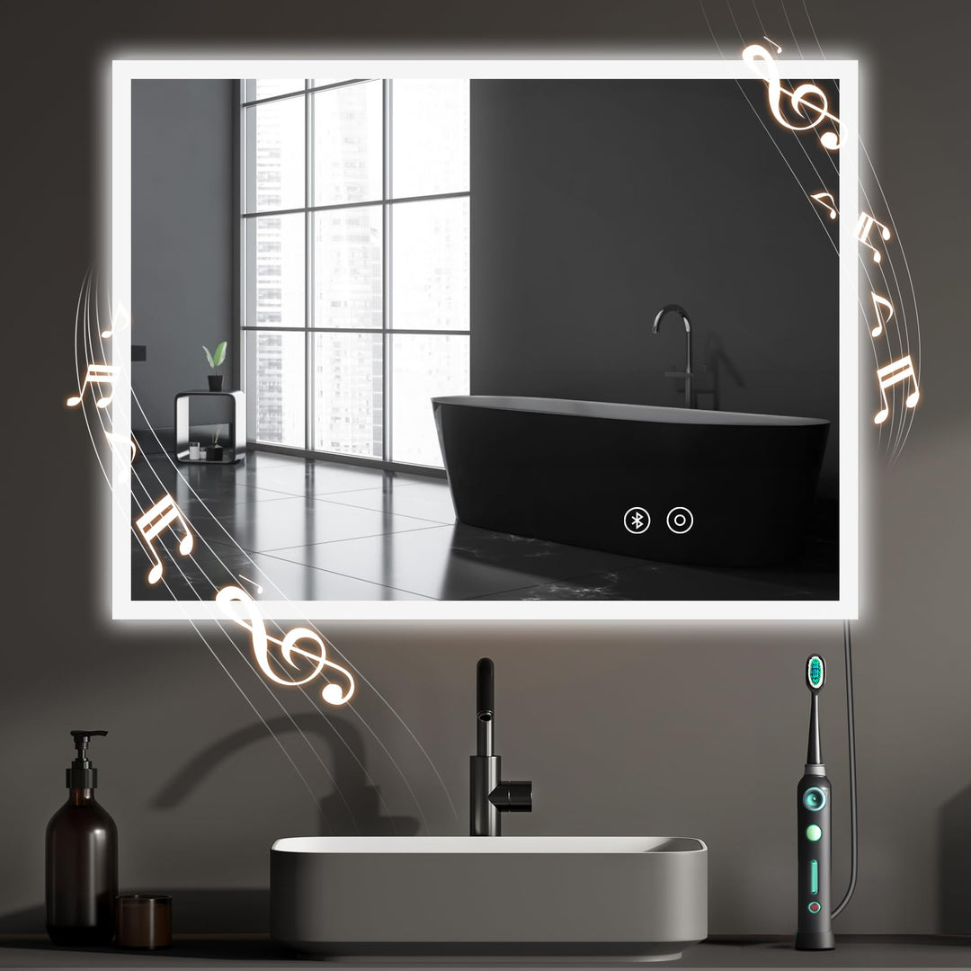YOLEO Badspiegel mit Beleuchtung, LED Spiegel mit Bluetooth-Lautsprecher, Wandspiegel mit Steckdose,