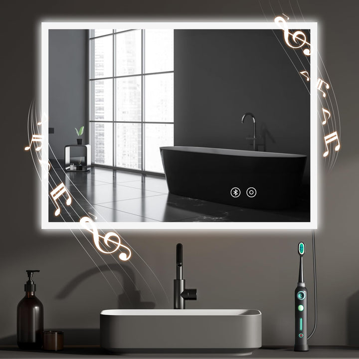 YOLEO Badspiegel mit Beleuchtung, LED Spiegel mit Bluetooth-Lautsprecher, Wandspiegel mit Steckdose,