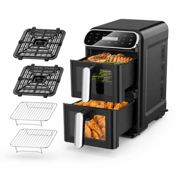 Heissluftfritteuse 2 Kammern übereinander 11L, platzsparende vertikale Doppelkammer, 2×5,5L Airfryer