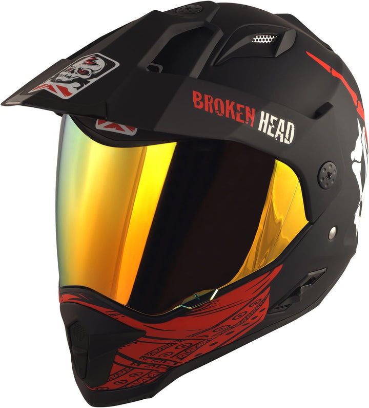 Broken Head Street Rebel rot Motocross-Helm Set mit Gold verspiegeltem Visier | Enduro-Helm - MX Cro