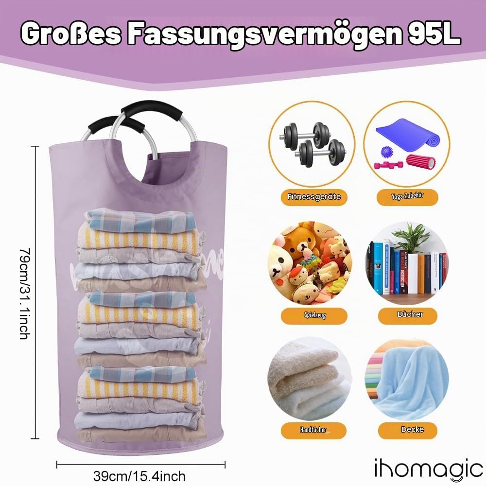Satz von 2 Wäschesammler 95L, Faltbar Wäschetonne Stoff Wäschesack mit Griffe, Dekorativer Wäschekor