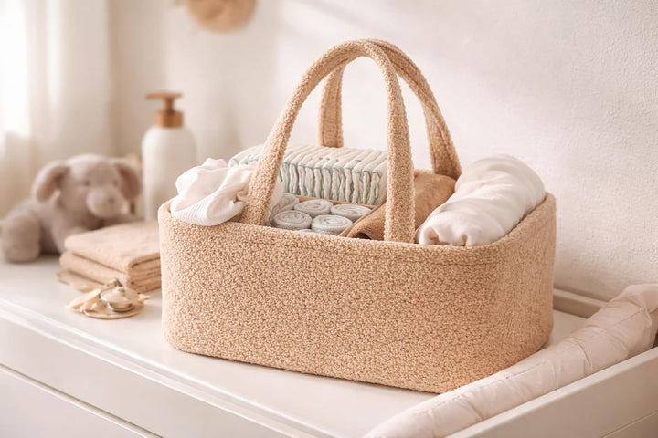 Windelkorb Baby aus weichem Teddystoff – Wickelorganizer für Wickeltisch & Wickelkommode, Diaper Cad