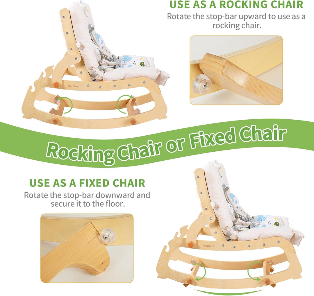 MALLBEST 3-in-1 Babywippe mit Doppelpolsterung, für 0-12 Monate, Verstellbarer Holz-Rocker-Stuhl für