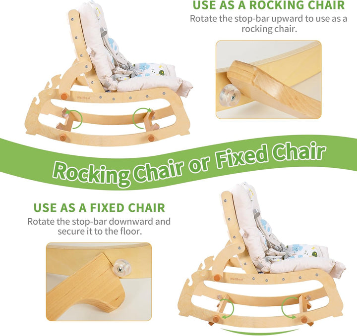 MALLBEST 3-in-1 Babywippe mit Doppelpolsterung, für 0-12 Monate, Verstellbarer Holz-Rocker-Stuhl für