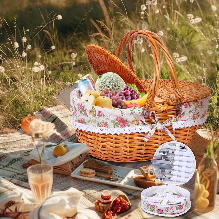 Picknickkorb-Set aus Weide für 4 Personen mit Deckel und Griff. Picknickkorb mit waschbarem Futter u