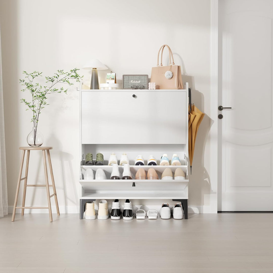 Dripex Schuhschrank schmal, Schuhkipper mit 2 Flip-Schubladen,Schuhregal schmal mit Metallfüssen für