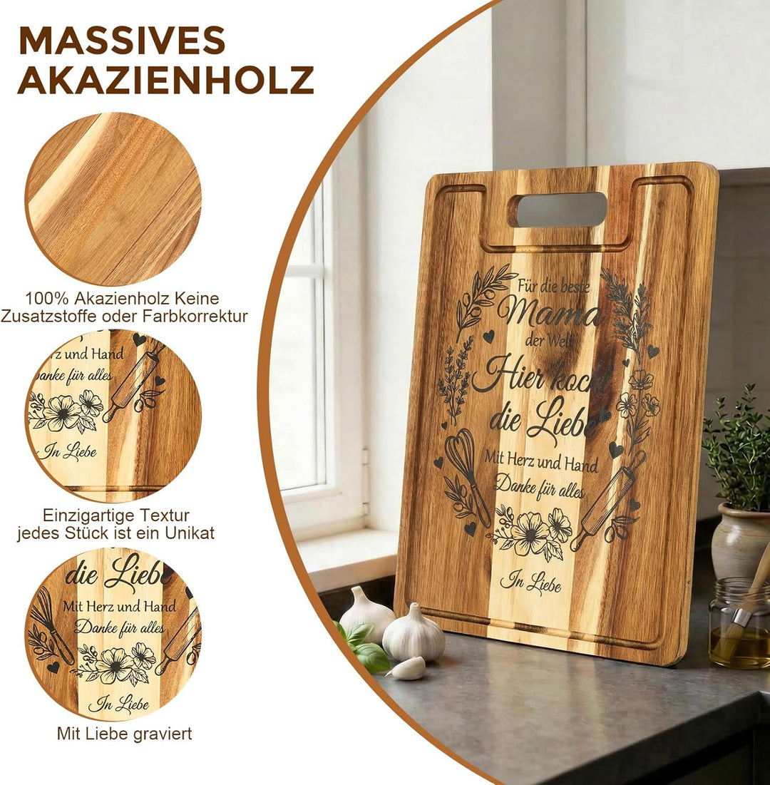 Muttertagsgeschenk für Mama - XXL Akazienholz Schneidebrett Dick 2CM mit Saftrille - Geschenk Mama G