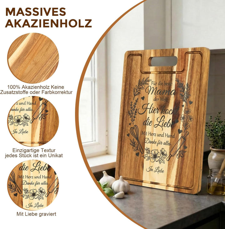 Muttertagsgeschenk für Mama - XXL Akazienholz Schneidebrett Dick 2CM mit Saftrille - Geschenk Mama G