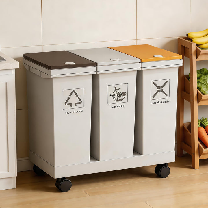 Mobiles Mülleimer Küche 3 x 12 L mit Rollen Mülltrennsystem 3 Fächer mit Druckdeckeln für Zuhause un