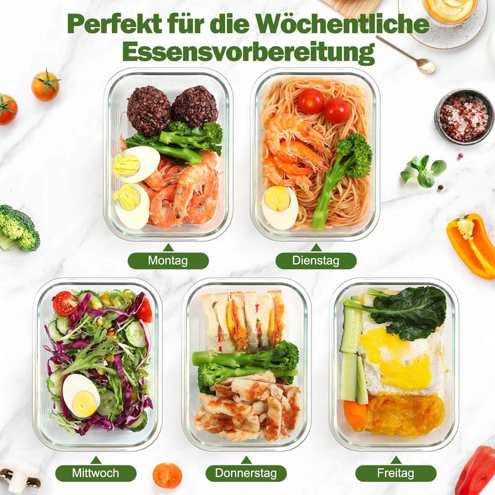 YASHE 5 Teile Glasbehälter mit Deckel, 1040ml Stapelbar & Luftdicht Meal Prep Boxen Glas für Spülmas