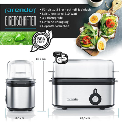 Arendo - Edelstahl Eierkocher Threecook - Egg Cooker - EIN AUS-Schalter - Wählbarer Härtegrad - 210