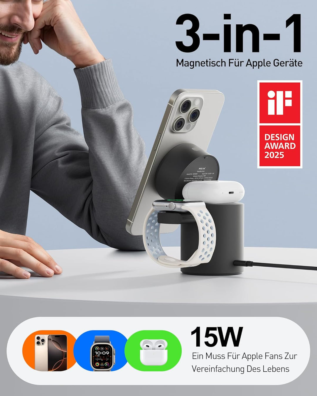 iWALK 3 In 1 Wireless Ladeständer Mit Automatischer Rotation, Ladestation Mit Magnet Für Apple Gerät