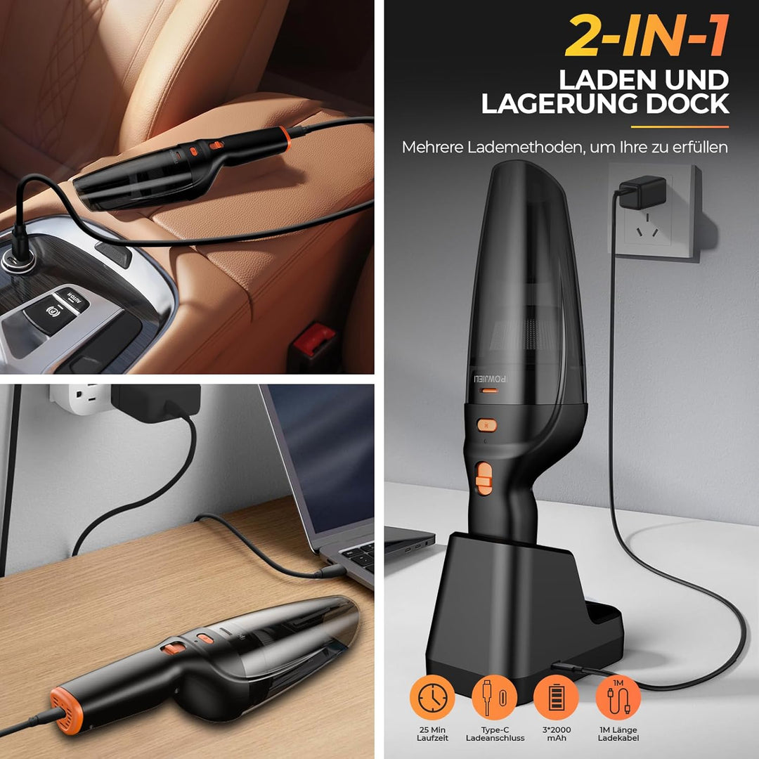 Handstaubsauger,12000Pa Handstaubsauger Akku mit Ladestation,Auto Staubsauger Kabellos mit 3 Waschba