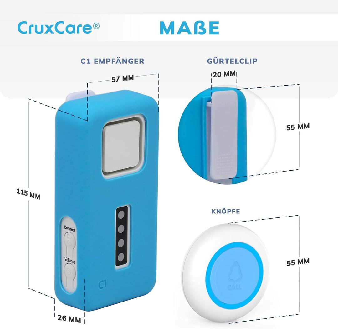 CruxCare C1 Notrufknopf für Senioren - Paniktasten und Pager für Pflegepersonal - 2 Ruftasten & 1 Dr