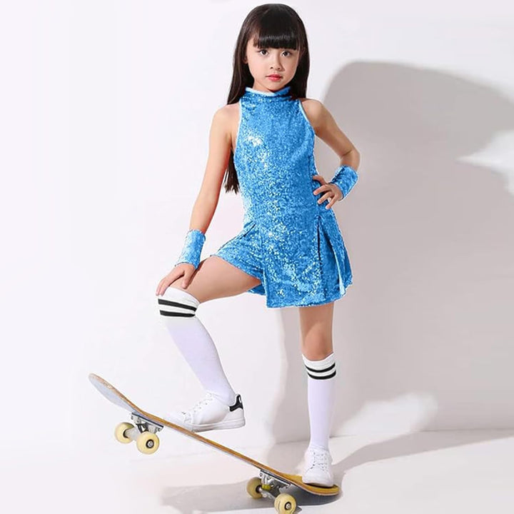 LOLANTA Mädchen Pailletten-Kostüm Hip Hop Dancewear Funkelndes Tanzkleid Gesetzt 6-7 Jahre Hellblau,
