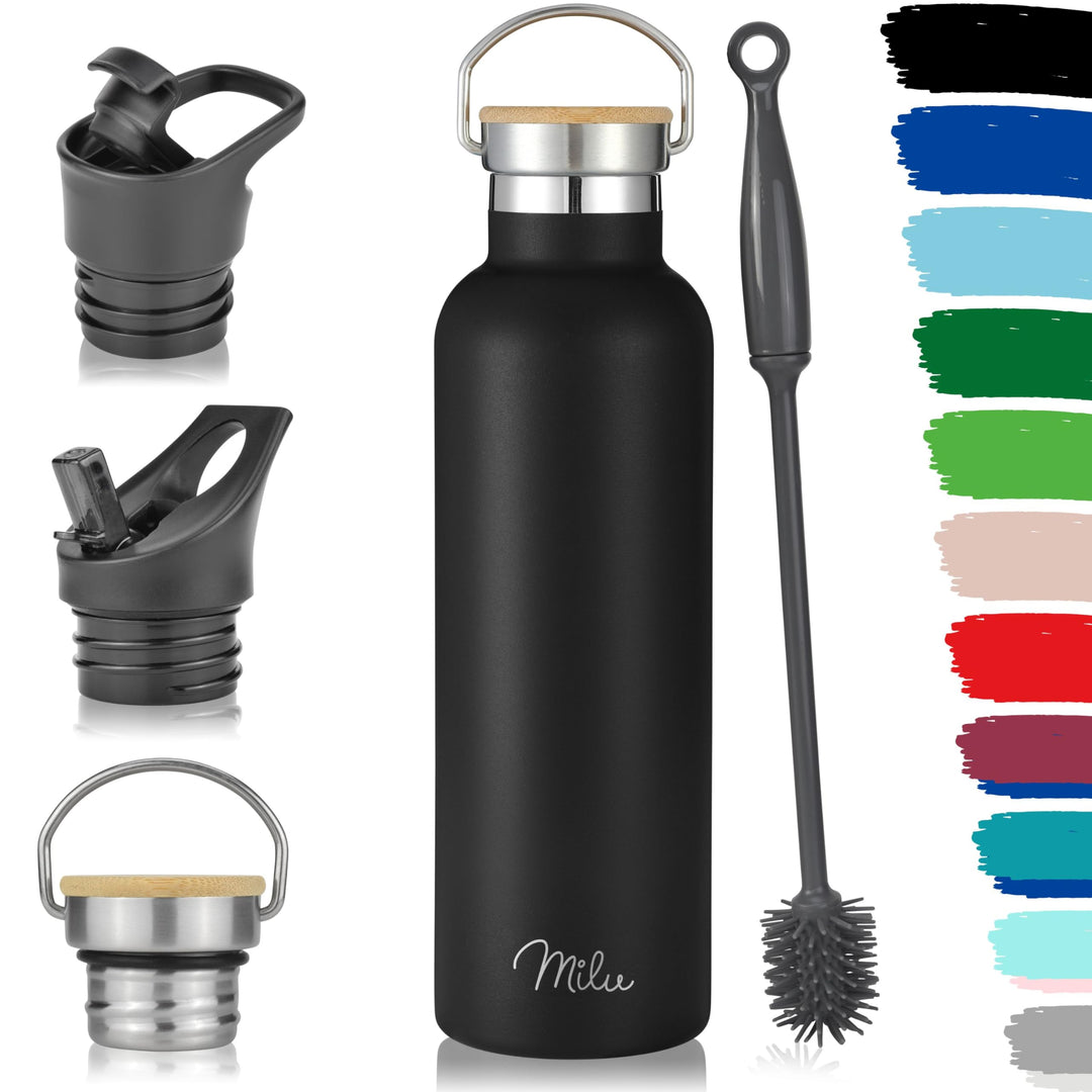Milu Edelstahl Trinkflasche 500ml, 750ml, 1000ml (+3 Deckel) - Thermosflasche mit Strohhalm, Isolier