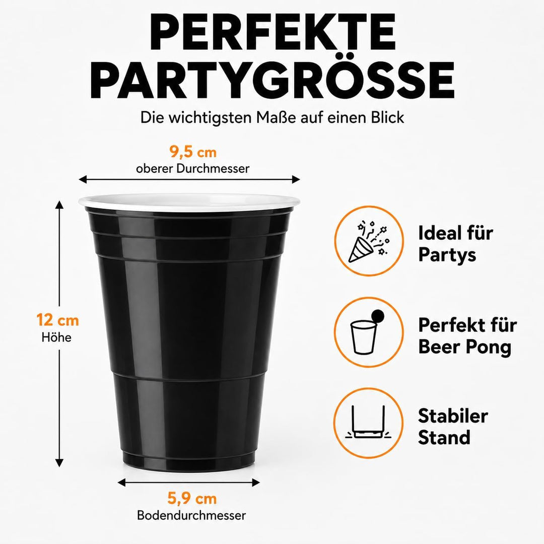 MYBEERPONG® Schwarzes Bierpong Set: 100 Black Cups (Markierung 0,4l + 0,5l) + 6 Beer Pong-Bälle – Wi