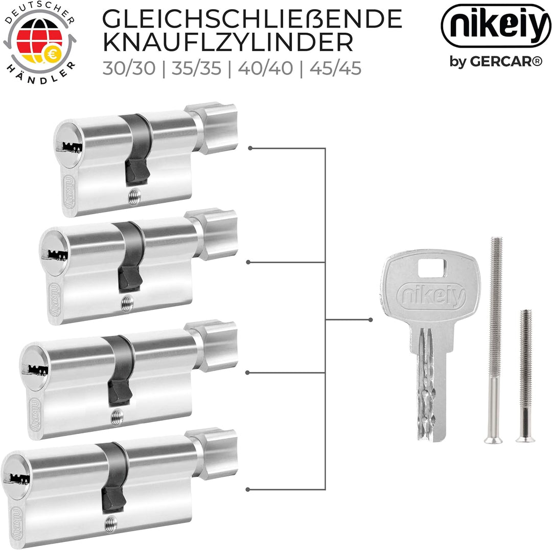 GERCAR Knaufzylinder 30/30 Schliesszylinder 4er Set Gleichschliessend Zylinderschloss Türschloss - i