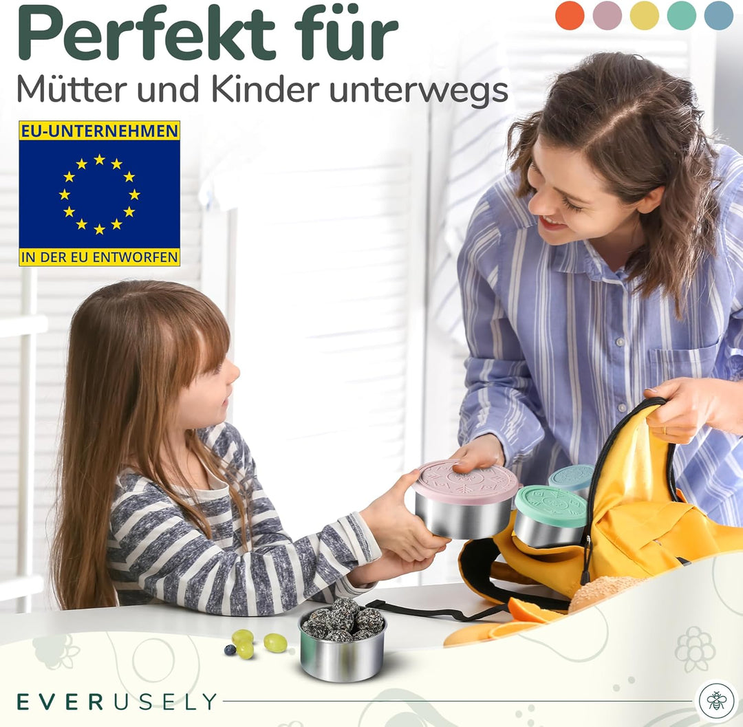 Everusely - Edelstahlbehälter mit Deckel - 5er-Set, Bright Collection - Auslaufsichere Edelstahl-Leb