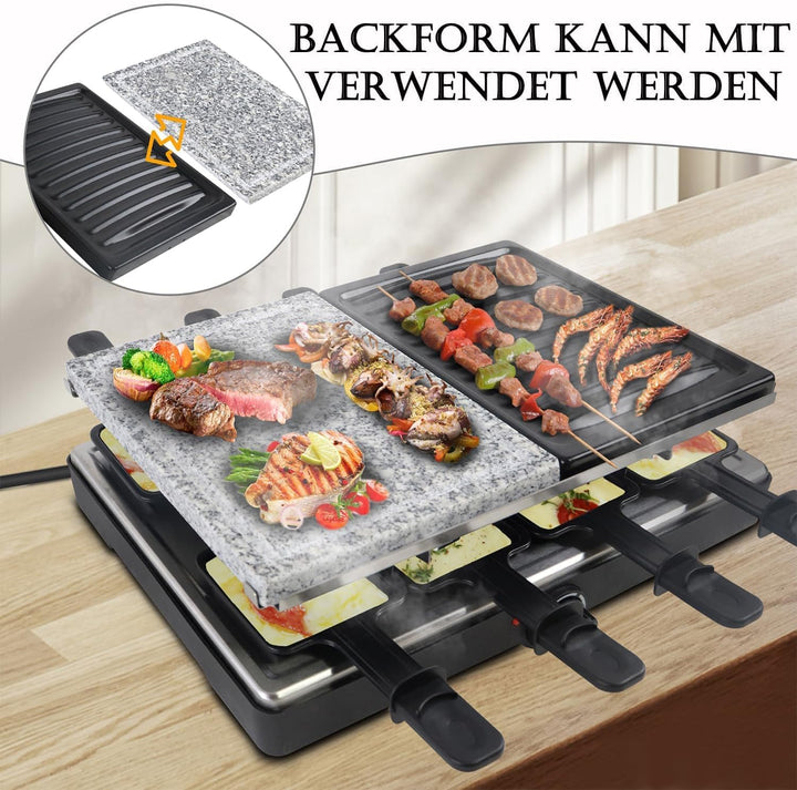 FIVMEN Raclette 8 Personen Raclette Grill 1400W mit 8 Pfännchen, 2 Granitplatte & Antihaftplatte Ele