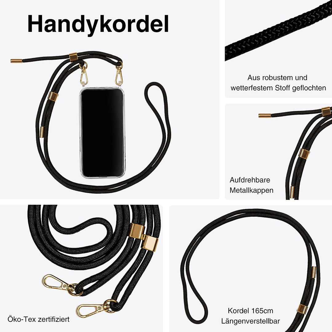Jalouza Handykette, Kordel & Hülle Bundle kompatibel mit iPhone 13 - Gliederkette in Gold und Kordel