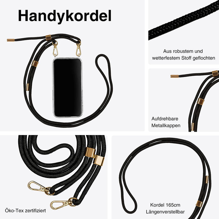 Jalouza Handykette, Kordel & Hülle Bundle kompatibel mit iPhone 13 - Gliederkette in Gold und Kordel