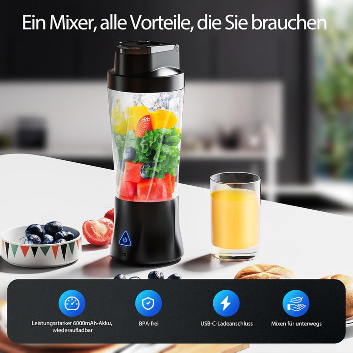 Smoothie Maker to go/Tragbarer Mixer/Blender/Smoothie Maker,700ml Becher,6000 mAh Batterie,Leistungs