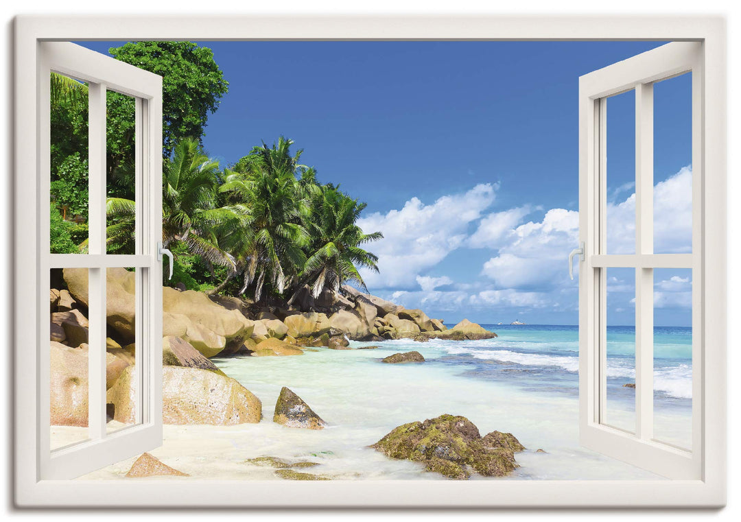 ARTland Leinwandbilder Wandbild Bild Leinwand 100x70 cm Querformat Fensterblick Strand Karibik Meer