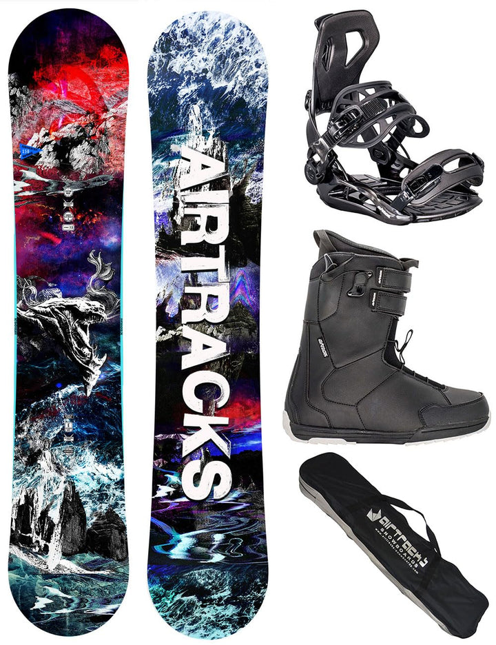 Airtracks Herren Snowboard Set - Fantasy Carbon Flat Zero Rocker Snowboard Wide + Snowboard Bindung