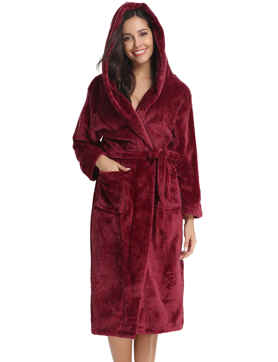 Vlazom Damen Winter Bademantel Flanell mit Kapuze Langärme Morgenmantel Saunamantel Flauschiger Robe