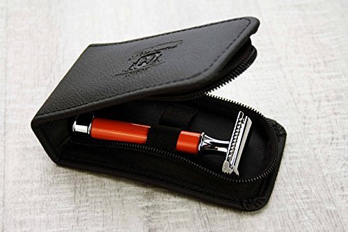 Orange 3 Stück Classic Rasierhobel - Perfekt für Deep Clean Shave. Kommt in einer Leder-Mäppchen/Tas