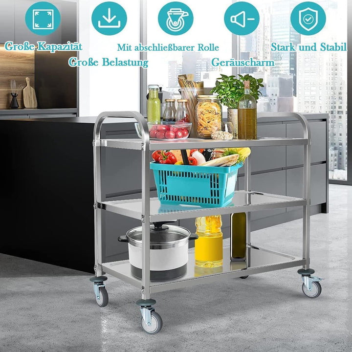 ybaymy 3 Böden Servierwagen Edelstahl Küchenwagen 835 x 750 x 400 mm Speisewagen mit Bremsen Rollen