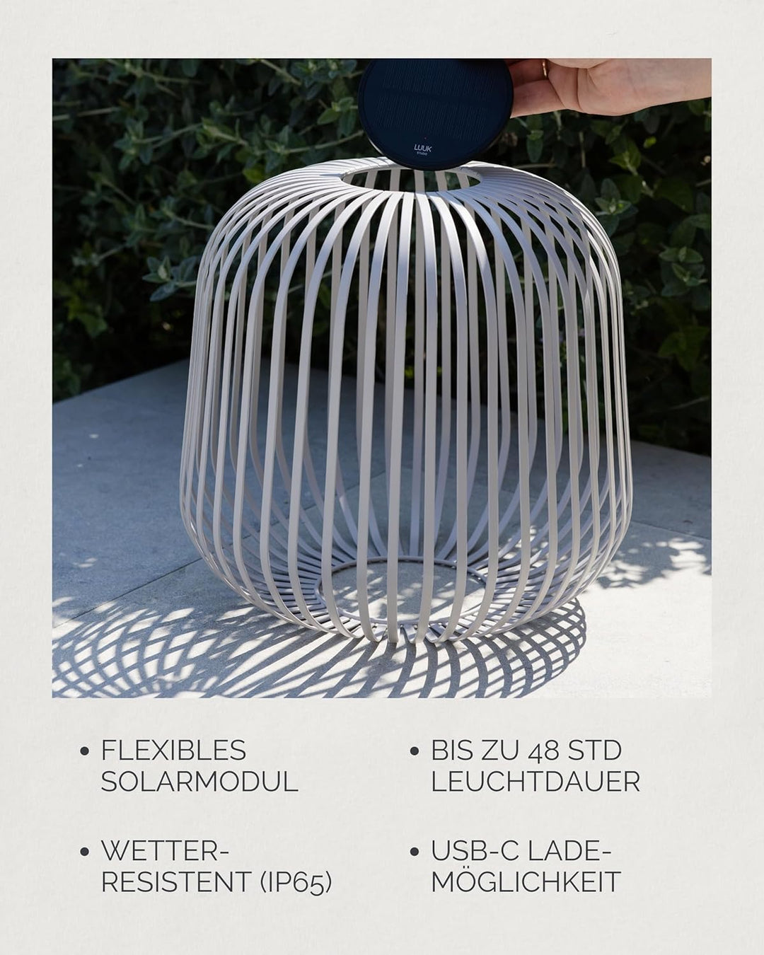 LUUK Studio Grosse LED Solarlampe für den Aussenbereich, kabellose Gartenlaterne in modernem Design,