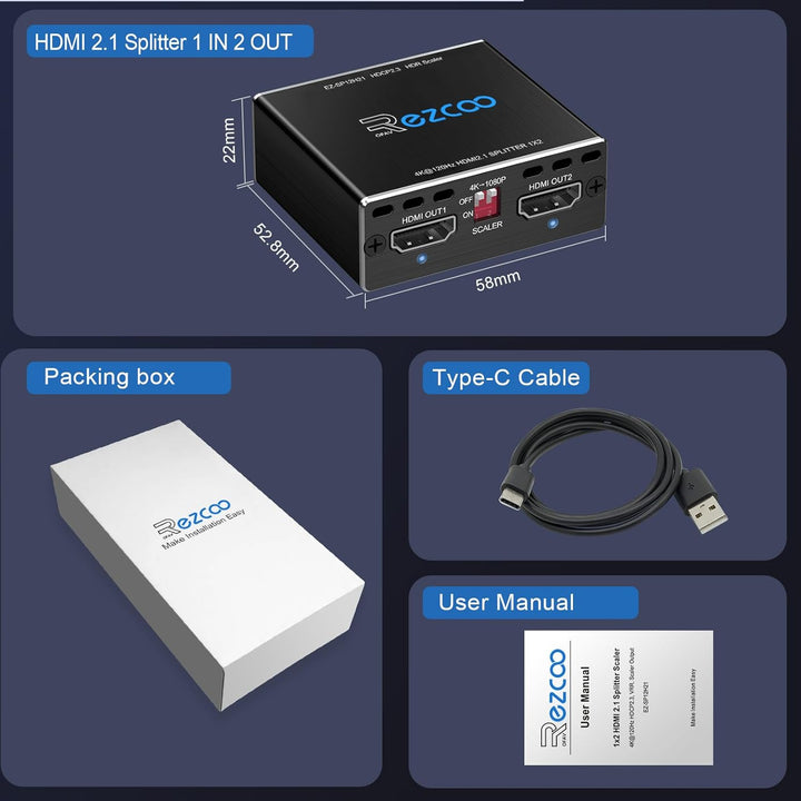4K 120Hz HDMI 2.1 Splitter 8K 60Hz 1 in2 Out VRR ALLM HDCP2.3 HDR10 8KUHD Dolby Vision Atmos Scaler