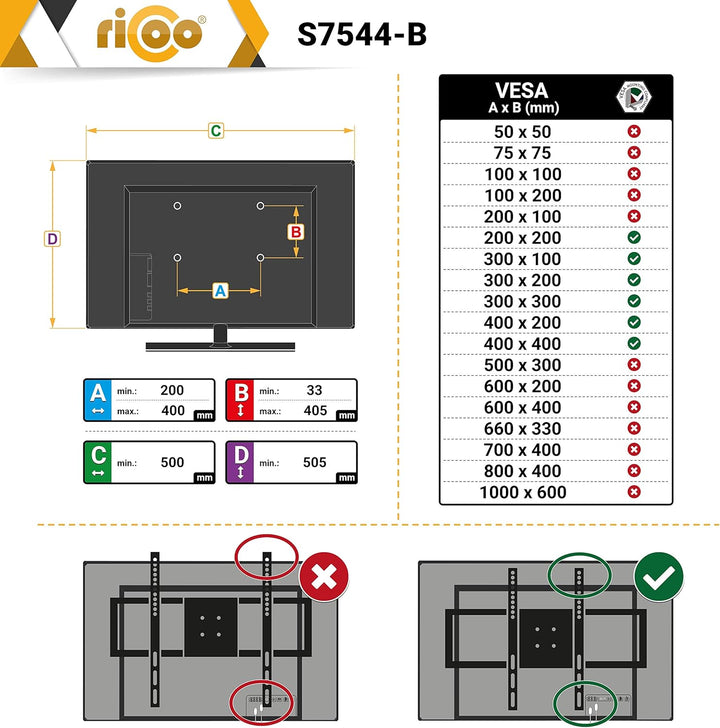 RICOO TV Wandhalterung Fernseher Schwenkbar Neigbar für 55-95 Zoll, Universal TV Halterung S7544-B,