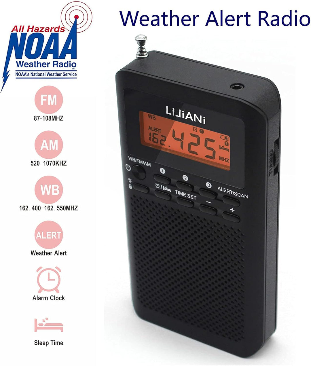 NOAA Weather AM FM Radio, tragbar, batteriebetrieben durch 2 AA-Batterien mit Stereo-Kopfhörer, LCD-