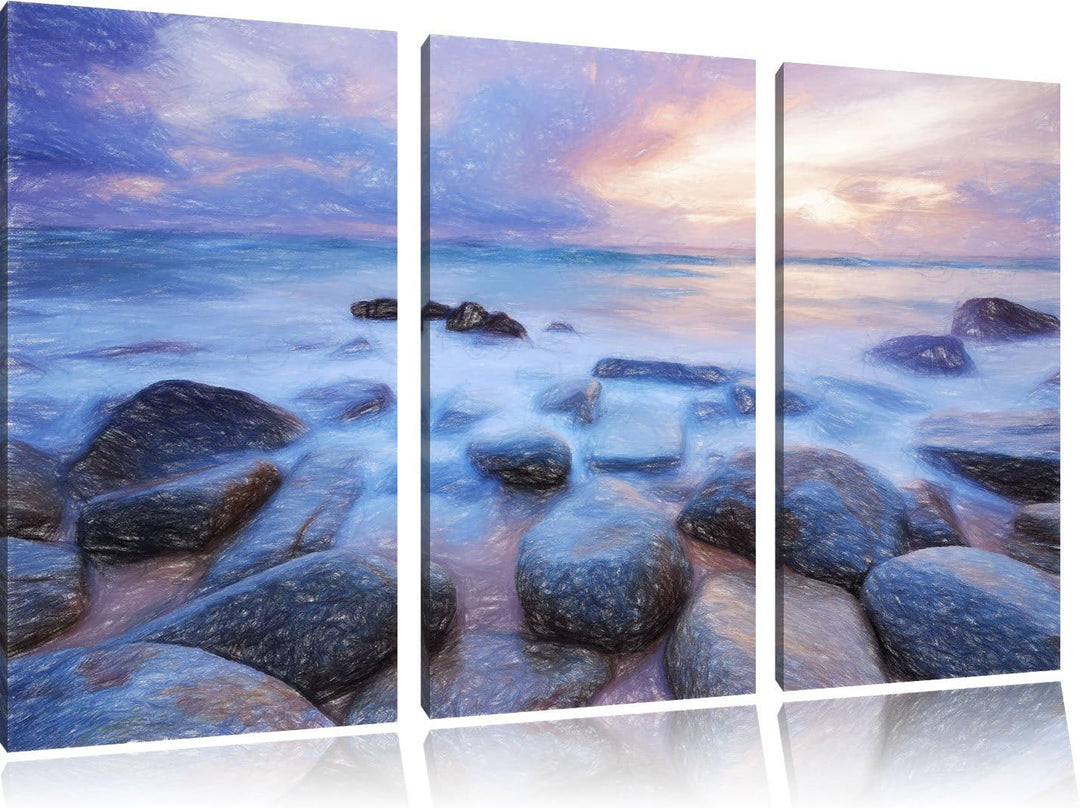 Pixxprint Romantisches Meer Bunstift Effekt 3-Teiler Leinwandbild 120x80 Bild auf Leinwand
