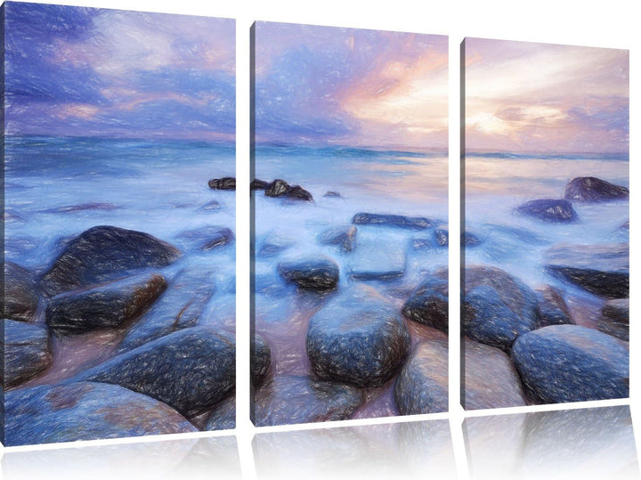 Pixxprint Romantisches Meer Bunstift Effekt 3-Teiler Leinwandbild 120x80 Bild auf Leinwand