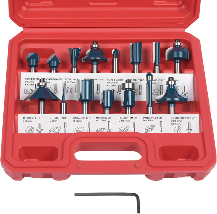 flintronic Fräser-Set, 6.35MM Fräsen Werkzeug Set, 15-tlg Holzkoffer Geschmiedeter Werkzeugstahl Obe