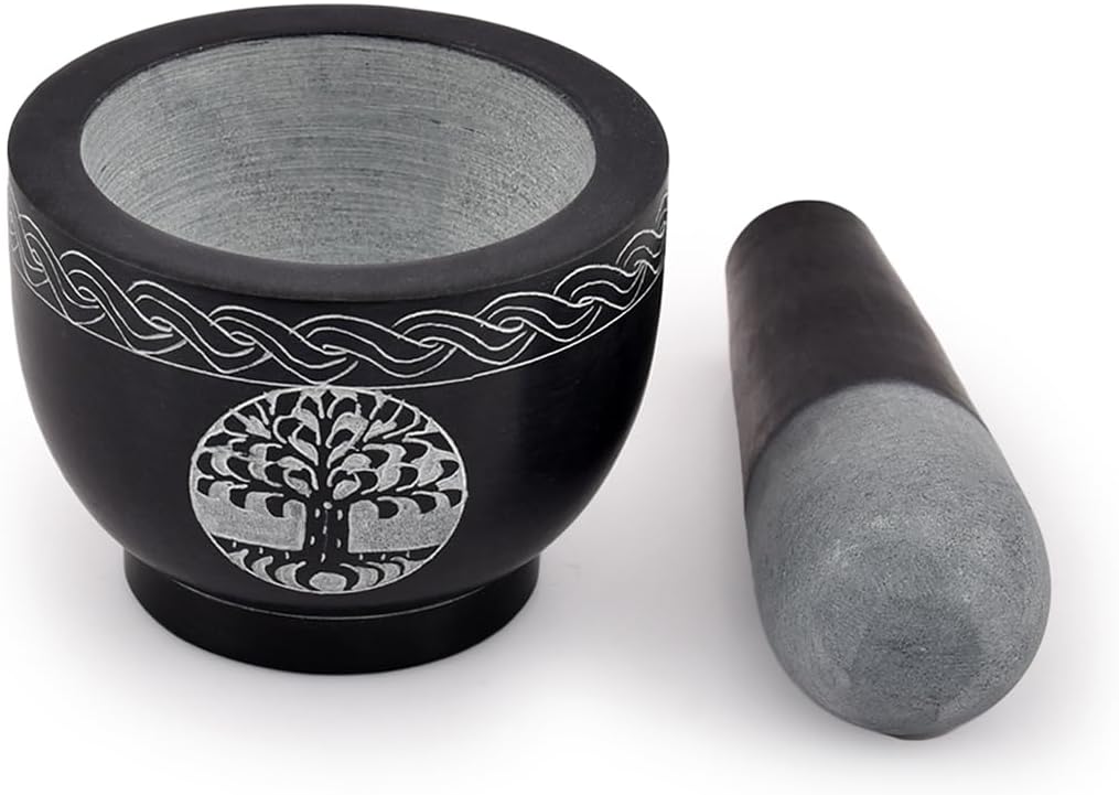 Samhita Tree of Life Mörser und Stössel, Naturstein, Durchmesser 9,5 x 7 cm, Stössel 12,7 x 3,8 cm