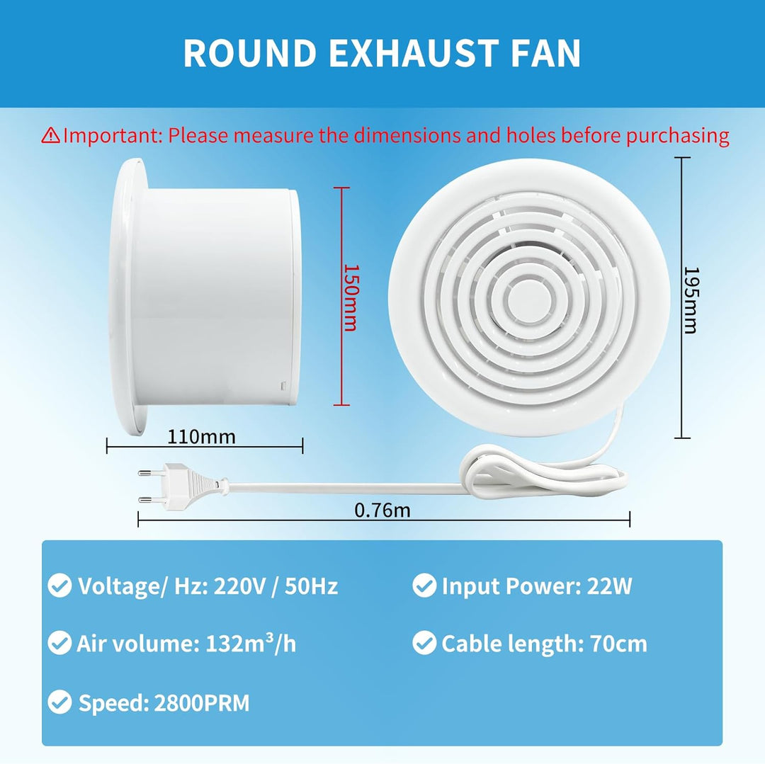FanGoFast Badlüfter 150 mm, Abluftventilator, wasserdicht, 22 W, für Bad, WC 150MM, 150MM
