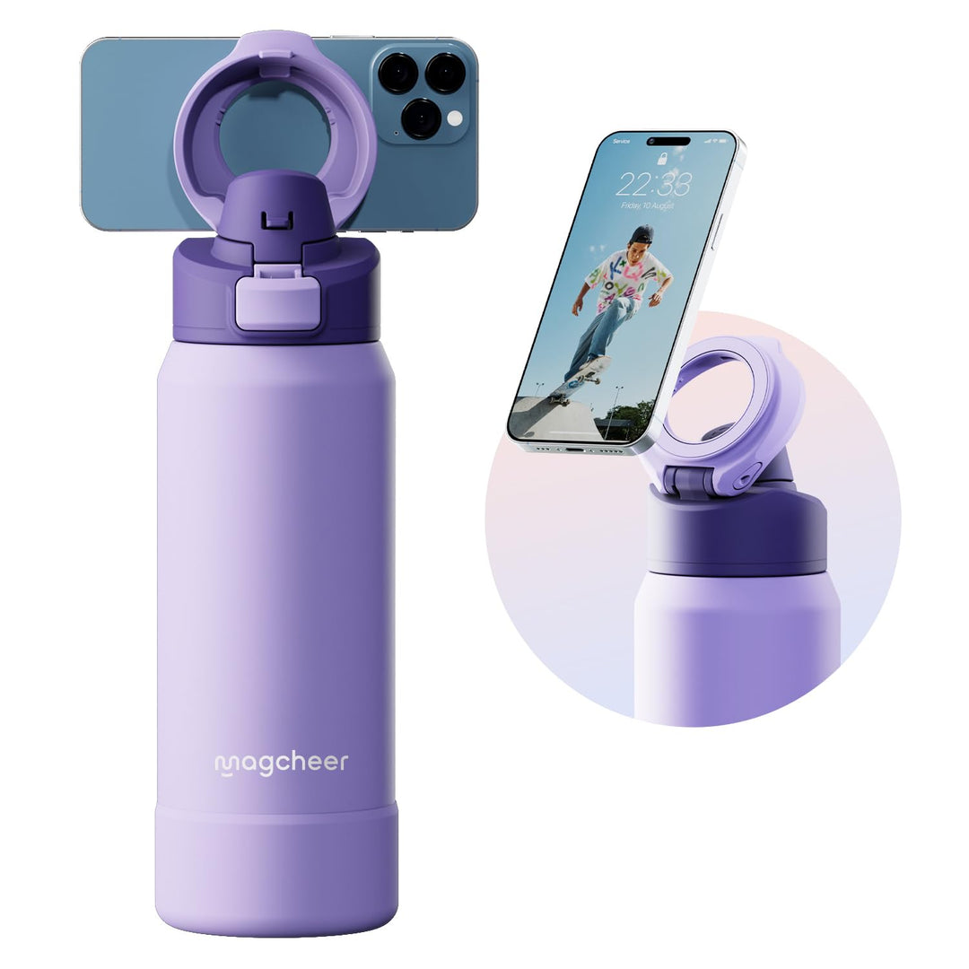 Magcheer Trinkflasche mit Handyhalterung 750ml Magnetische Wasserflasche 360° Verstellbar Flasche Ma