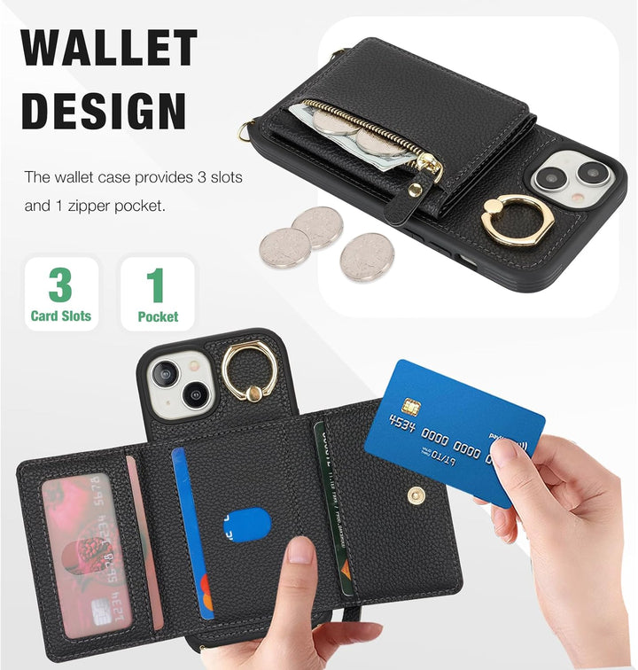 ELTEKER Handyhülle für iPhone 13 Hülle mit Band Kartenfach Handykette Ringhalterung Geldbörse,Leder