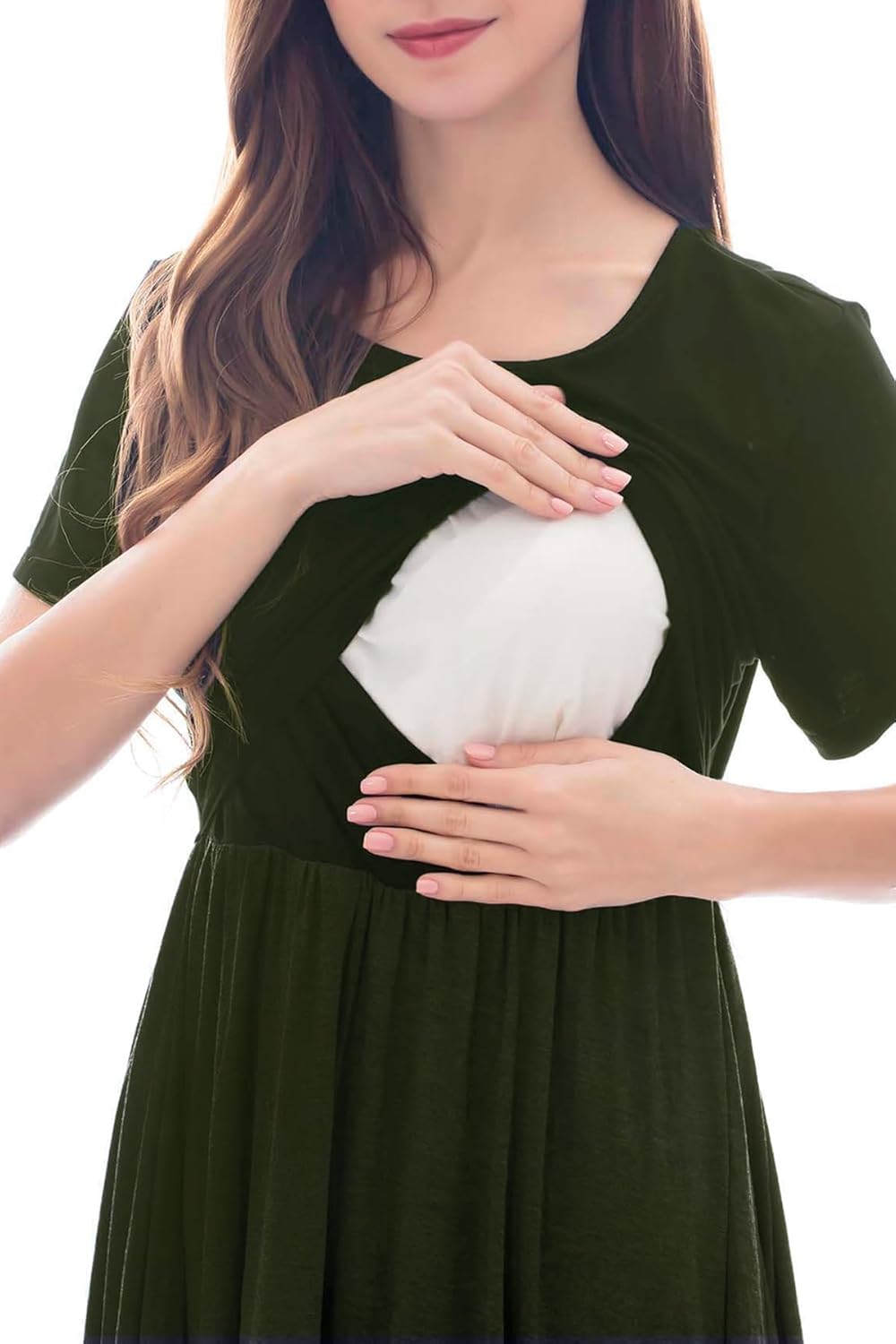 Smallshow Damen Lässiges Kurzarm Stillkleid Umstandskleid für Stillen, Armeegr&#xFC;n(solide) S
