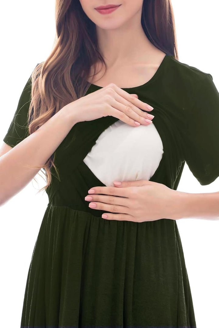 Smallshow Damen Lässiges Kurzarm Stillkleid Umstandskleid für Stillen, Armeegr&#xFC;n(solide) S
