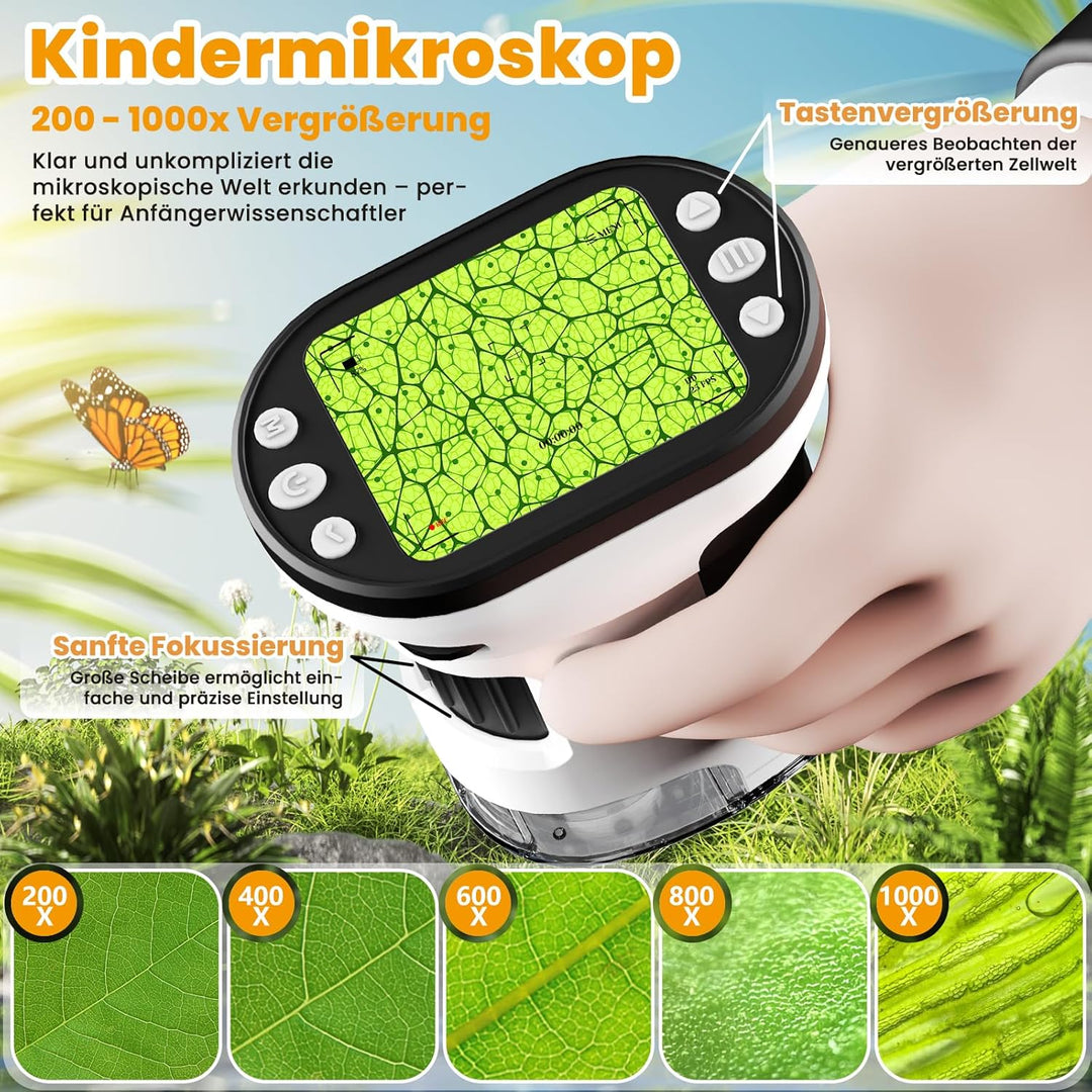 FIVAVA 1000X Mikroskop für Kinder, tragbares Digitales Mikroskop mit 2,0-Zoll-IPS-Display, Kinderlup