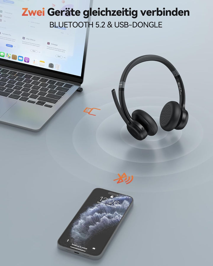 TechRise V5.2 Bluetooth Headset mit Mikrofon, Wireless Headset mit Noise Cancelling und Stummschaltu