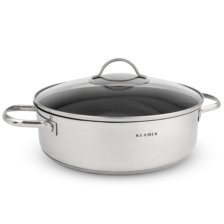 KLAMER Servierpfanne mit Deckel 28cm Induktion, Edelstahl Schmortopf backofengeeignet, Schmorpfanne